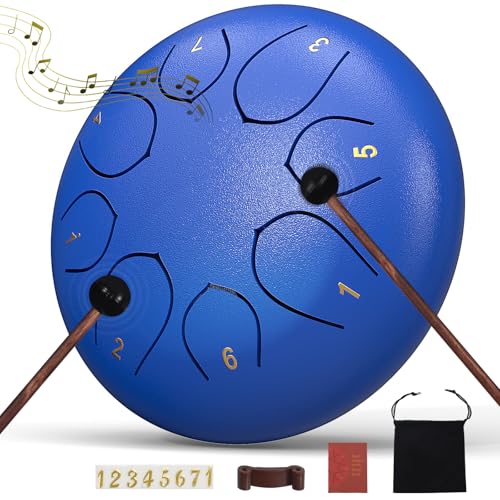 Rain Drum for Outside Garden, 6 Inches 8 Notes Steel Tongue Chakra Drums, Waterproof Meditation Echo Rain Chime, Musical Instruments for Adult Gift with Bag, Music Book (Dark Blue) - color: Dark Blue, size: 6 Inches