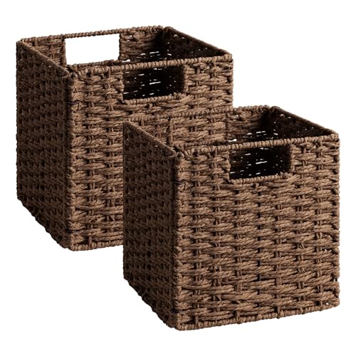 StorageWorks 9 inch Wicker Storage Cubes, Handwoven Wicker Baskets for Storage, Square Cube Organizer Bins, Foldable Paper Rope Basket for Organizing, Brown, 2 Pack - color: Brown, size: 9"L x 9"W x 9"H