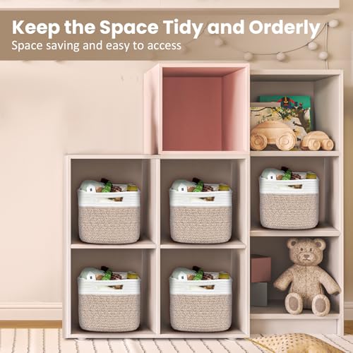 Optish 4 Pack Woven Basket for Storage, Basket for Organizing and Shelves, Rope Storage Basket for Toys, Towels, Books, Clothes, Baskets for Gifts Empty, 12.7'' X 8.3'' X 7.1'', White & Brown