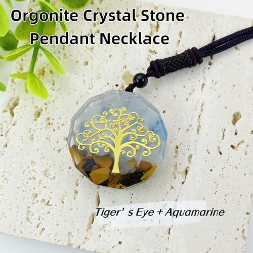 EDEN'S CALL Orgone Necklace, Tree of Life Orgonite Healing Crystal Stone Pendant Necklace for Spiritual Healing and Meditation Energy Talisman Sacred Geometry Tiger's Eye Necklaces - color: #1 Blue/Aquamarine + Tiger's Eye