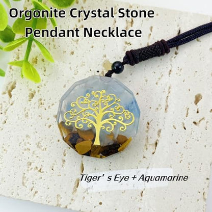 EDEN'S CALL Orgone Necklace, Tree of Life Orgonite Healing Crystal Stone Pendant Necklace for Spiritual Healing and Meditation Energy Talisman Sacred Geometry Tiger's Eye Necklaces - color: #1 Blue/Aquamarine + Tiger's Eye