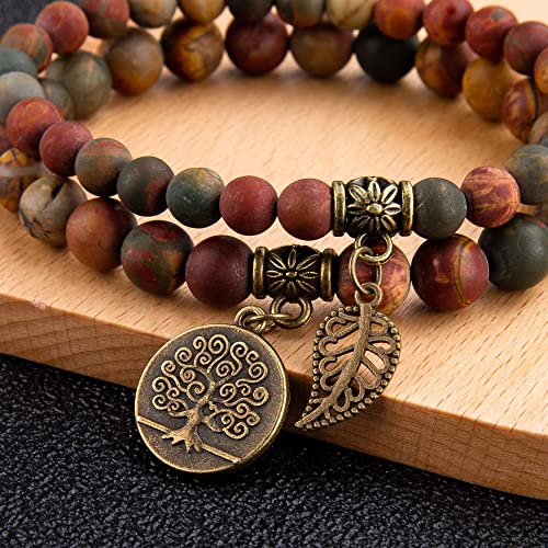 Bivei Natural Semi Precious Gemstone beads bracelet for women - Life Tree and Leaf Charm Energy Reiki Crystal Stretch Bracelets - color: Picasso Jasper Bracelet Set, size: Small:6.61-6.7inch
