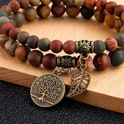 Bivei Natural Semi Precious Gemstone beads bracelet for women - Life Tree and Leaf Charm Energy Reiki Crystal Stretch Bracelets - color: Picasso Jasper Bracelet Set, size: Small:6.61-6.7inch