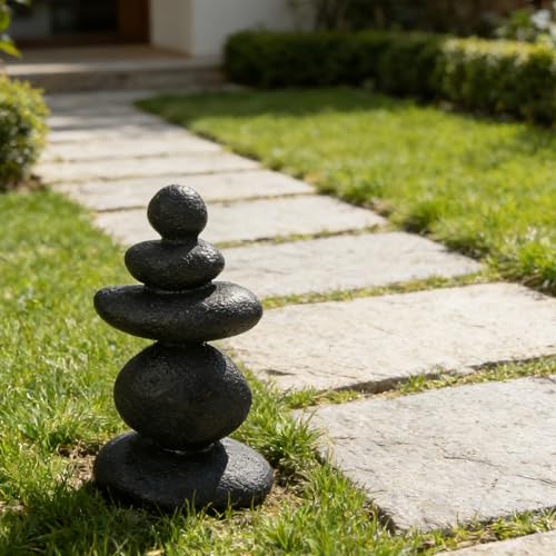 Stacked Stone Sculpture - Mini Zen Rocks for Garden Patio Japanese Themed Decor - Resin 5-Stone Meditation Rock Cairn Ornament