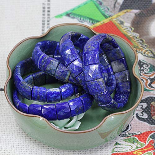 Keleny Gemstones Semi Precious 15mm Square Grain Faceted Beaded Stretch Bangle 7.5 Inch Unisex - color: Blue Lapis Lazuli