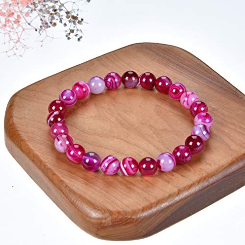 Cherry Tree Collection Gemstone Beaded Stretch Bracelet 8mm Round Beads 7" - color: Lace Agate -Fuchsia/Pink