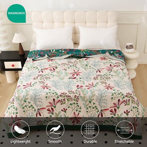Boho Throw Blanket, 100% Cotton Ultra Soft Luxury Throw Rustic Quilt, Muslin Breathable Soft Bed Throw ，All Throw for Sofa Couch Chair 80x90 Inch - color: Precious Flowers, size: 80x90 Inch