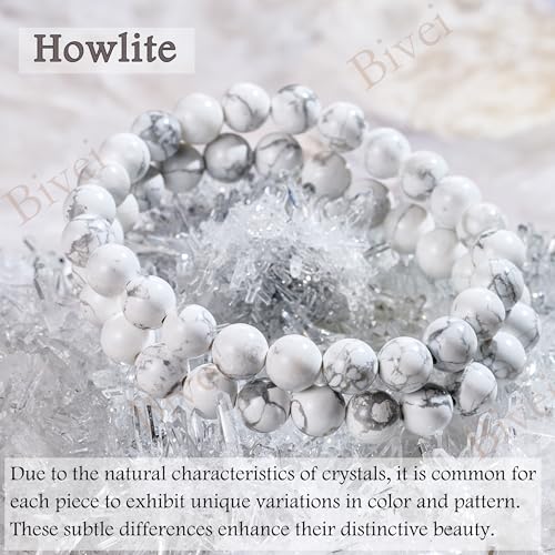 Bivei 8mm Beaded Bracelets for Women Handmade Semi Precious Natural Stone Stretch Elastic Jewelry Yoga Protection Gifts - color: Howlite - Calm & Clarity, size: Medium 6.8-7.3 inch