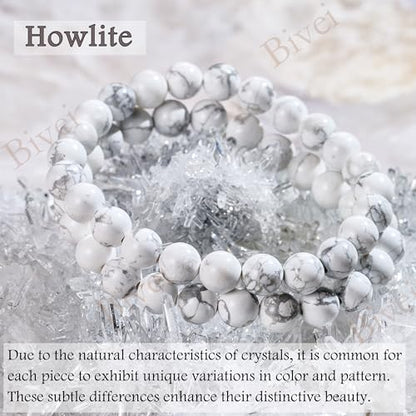 Bivei 8mm Beaded Bracelets for Women Handmade Semi Precious Natural Stone Stretch Elastic Jewelry Yoga Protection Gifts - color: Howlite - Calm & Clarity, size: Medium 6.8-7.3 inch