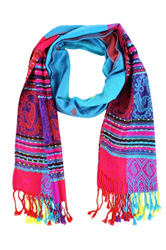 PASKMLNA Double Side Multi Colors Silky Tropical Colorful Exotic Pashmina Wrap Shawl Scarf Rave - color: #7turquoise Blue