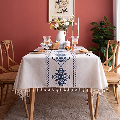AMZALI Table Cloth Embroidery Damask Pattern Wrinkle Free Heavy Weight Cotton Linen Farmhouse Tablecloth Decorative Fabric Tassel Table Cover for Outdoor and Indoor Use (Rectangle,55 x 70 Inch) - color: Embroidery Damask Pattern, size: Oblong 55 X 70 Inch
