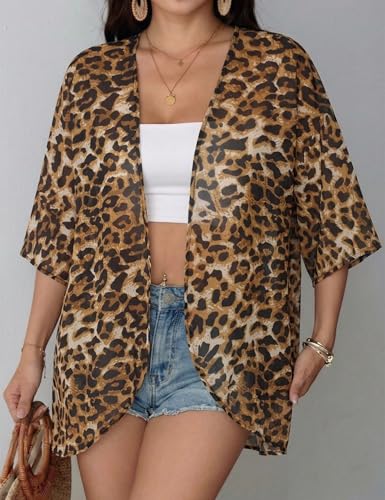 Chunoy Women Floral Beach Wear Cover Up Chiffon Kimono Cardigan Open Front Blouse Top - color: Brown Leopard, size: 4X-Large