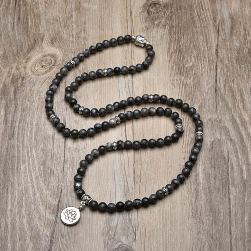 6mm 108 Mala Beads Bracelet, Yoga Zen Necklace with Buddha and Lotus Charm for Prayer - style: Labradorite
