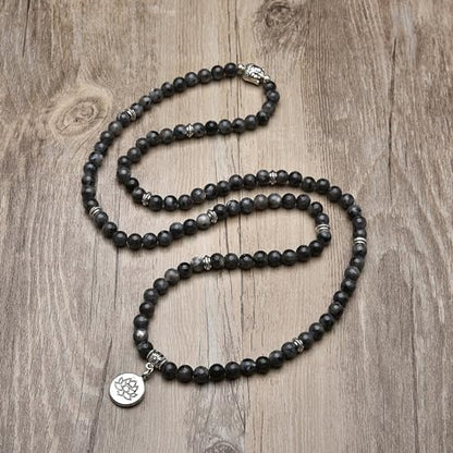 6mm 108 Mala Beads Bracelet, Yoga Zen Necklace with Buddha and Lotus Charm for Prayer - style: Labradorite