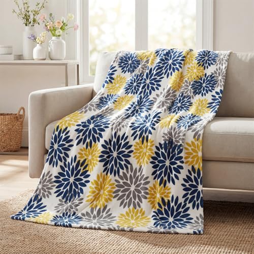 Horaldaily Blue Yellow Grey Dahlia Pinnata Flannel Blanket Throw, Spring Summer Floral Soft Fuzzy Plush Cozy Fleece Blanket for Couch Sofa Bed Lounging, Ideal Gifts for Kids Adults Self, 50x60 - color: Blue Yellow Grey, size: Throw(50x60'')