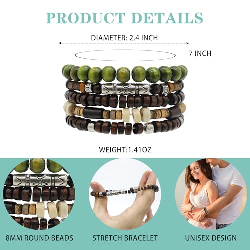 5pcs Wooden Bead Bracelet Set with Charm and Tassel for Men & Women - Stackable Boho Bracelets, Amber Color Scheme Adjustable Bracelet - color: Brown Green