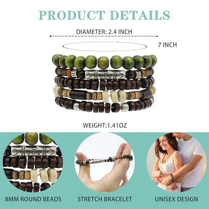 5pcs Wooden Bead Bracelet Set with Charm and Tassel for Men & Women - Stackable Boho Bracelets, Amber Color Scheme Adjustable Bracelet - color: Brown Green