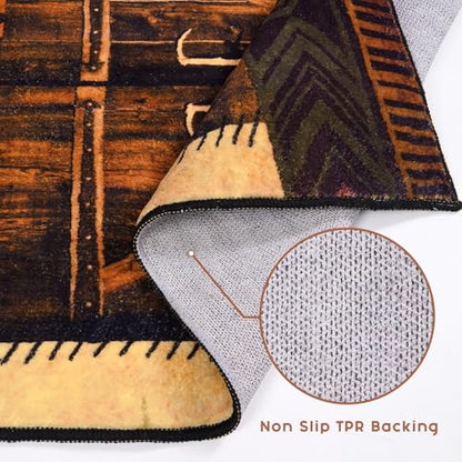 ASPMIZ 2x7 Rustic Runner Rug Non-Slip Washable — Buffalo Plaid Log Cabin Bear Deer Fox Design, Soft Faux Wool Hallway Carpet Runner for Entryway Kitchen, Brown - color: Brown, size: 2' X 7' (Runner)