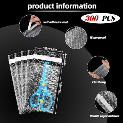 Frienda 300 Pcs Clear Self Sealing Bubble Cushion Bags Double Wall Bubble Pouch Bag Plastic Shockproof Protective Packing Bags for Small Business Moving Shipping Packaging Storage(3" X 5") - size: 3" X 5"