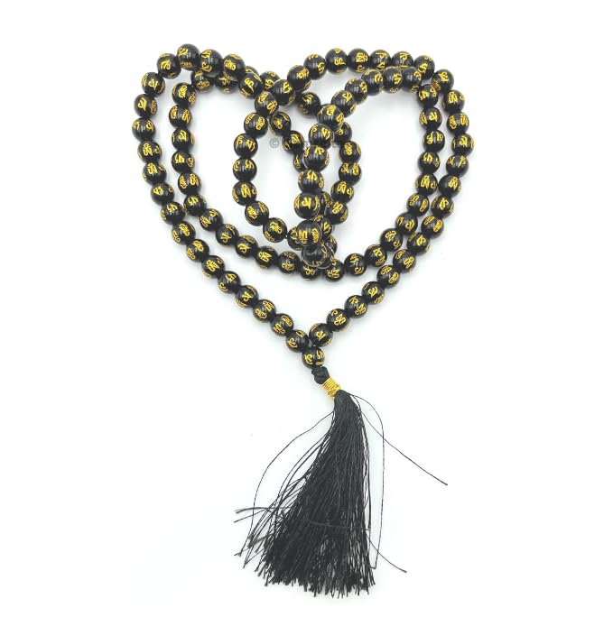 GEMSCITE Japa Mala 108 Prayer Beads Perfect for Meditation Spiritual Mala Necklace & Wrist Mala Bracelet - color: Black Agate (Om), size: Without Knots