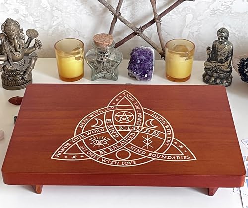 Altar Table, Meditation Table, Small Altar Table, Wooden Witch Altar, Wiccan Alter Table, Buddhist Shrine, Engraved Triquetra （The Celtic Trinity Knot） on Table Top, 12 × 8 inches - color: The Celtic Trinity Knot (Triquetra)