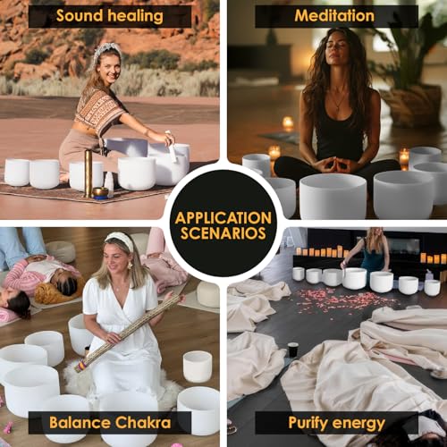 432HZ 6-12 Inch Crystal Singing Bowl Set of 7 with 2 Pcs Green Heavy Carrying Case bag, Frosted Quartz Crystal Sound Healing bowls for Chakra, Meditation, Sound Therapy