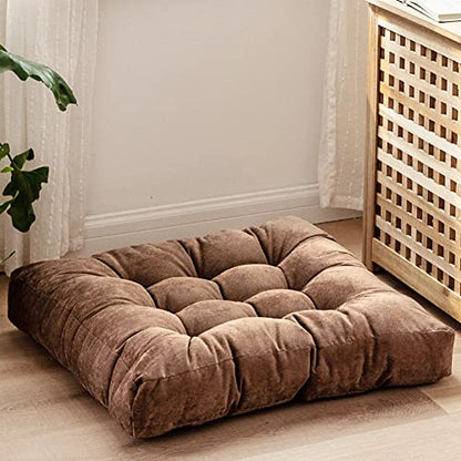 Solid Square Floor Pillow Pouf Thicken Pillow Seat Corduroy Chair Pad 22x22 inch Seat Cushion for Yoga Meditation Living Room Balcony Office (Brown)