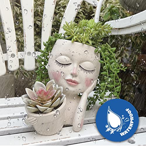 Face Plant Pot - Double Flower Pots for Indoor Outdoor Plants Resin Head Planter with Drainage Hole Cute Lady Face Plant Pots, Garden Decoration Planters, Medium - size: Medium, style: White - 2 in 1