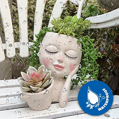 Face Plant Pot - Double Flower Pots for Indoor Outdoor Plants Resin Head Planter with Drainage Hole Cute Lady Face Plant Pots, Garden Decoration Planters, Medium - size: Medium, style: White - 2 in 1