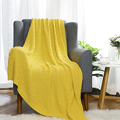 uxcell 100% Cotton Cable Knit Throw Blanket,Soft Lightweight Lap Blanket,Textured Solid Sofa Throw Couch Cover Decors Knitted Blankets, Yellow 50"x 60" - color: Yellow