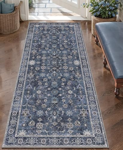 Tangsoo Washable Runner Rug for Hallway Non Slip, 2x5 Blue Floral Vintage Runner Rugs for Entryway, Floor Carpets Soft Low Pile Rug Runners for Kitchen Bathroom Laundry Bedroom Alfombra Boho Farmhouse - color: Distressed Blue Black, size: 2' X 5' (Runner)