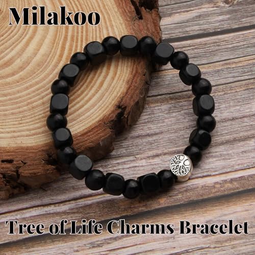MILAKOO Wooden Bracelet with Black Stainless Steel Cross Charms Bead Christian Gifts for Women Men - color: E1