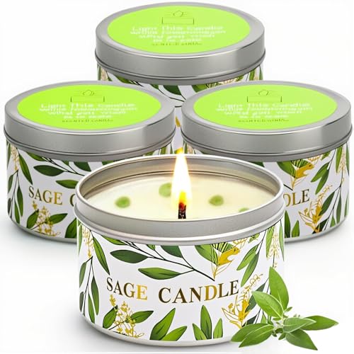 Sage Candles Gift Set, 4 Pack Natural Soy Wax White Sage Smudge Kit with Healing Crystals, House Cleansing & Negative Energy, Spiritual Meditation & Aromatherapy, Housewarming Birthday Self Care Gifts - style: Pure Sage 4 Pack