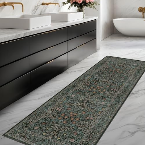 Dark Green 2x7 Long Washable Runner Rug Non Slip, Throw Rugs Runners for Kitchen Hallways Entryway Bathroom Laundry Room, Floor Mat Vintage Floral Carpet Low Pile Stain Resistant - color: Dark Green / Black, size: 2' x 7' (Runner)