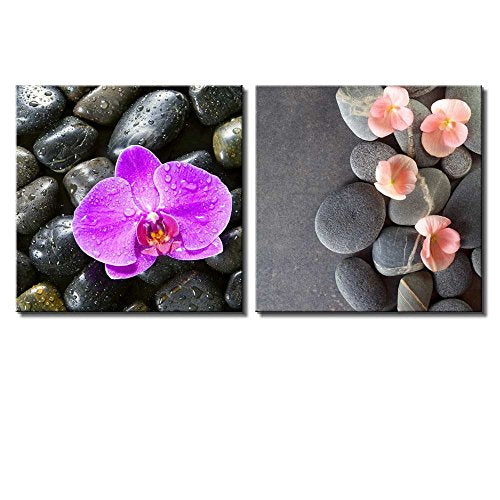 wall26 Two Piece Canvas - Pink Orchid and Coral Flowers Over Rocks on 2 Panels - Canvas Art Home Art - 12x12 inches - color: Pink Orchid and Coral Flowers, size: 12" x 12" x 2 panels