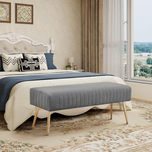 Furnimart 44 Inch Gray Velvet Modern Ottoman Bench, Modern Upholstered Bedroom Benches Footrest Stool Indoor Bench for Entryway Living Room Bedroom Dining Room (Velvet-Grey) - color: Velvet-grey