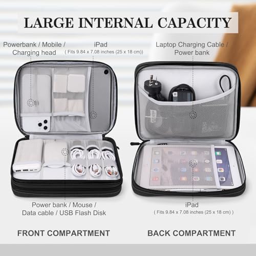 FYY Electronic Organizer, Extra Large Travel Cable Organizer Bag Pouch Portable Waterproof Double Layers All-in-One Storage Bag for iPad, Cable, Power Bank, Laptop Charger for Office/Home, Black