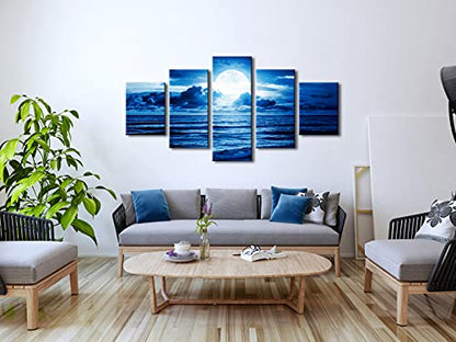 Pyradecor Blue Clouds Modern 5 Panels Moon Sea Beach Canvas Wall Art Large Gallery Wrapped Landscape Giclee Canvas Prints Pictures Artwork Paintings for Living Room Bedroom Home Decorations L - size: 12x16inchx2pcs,12x24inchx2pcs,12x32inchx1pc