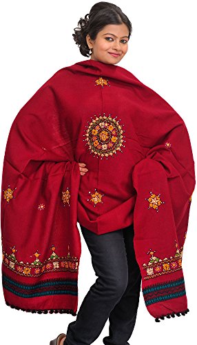 Exotic India Women's Pure Wool Shawl from Kutch with Central Embroidered Chakra and Mirrors Ethnic Design Stole, Scarves - color: Rosewood