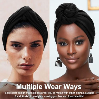 DRESHOW African Turban for Women Knotted Hairwraps for Sleeping Turban Headwraps Head Warmer Scarf for Black Women Chemo Cap - color: 1 Pack Style 2: Solid Black