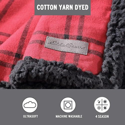 Eddie Bauer - Throw Blanket, Soft & Reversible Cotton Flannel Bedding, Throw Blanket for Couch or Bed (Kettle Falls Red/Black, 50" x 60")