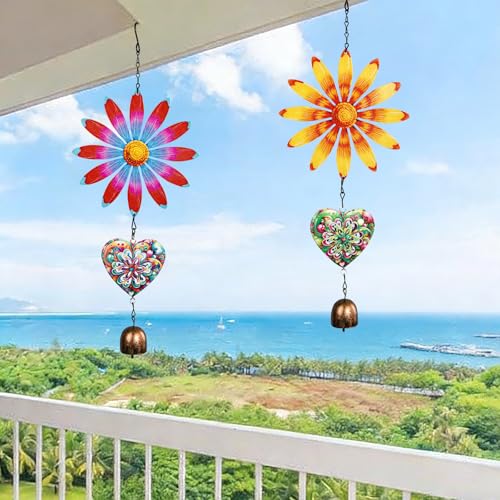 Metal Flowers Hanging Decor, Flower Wind Chime Bell Hanging Decor for Outdoor Garden Yard Doors Walls Living Rooms Bedrooms, 2 Pack (Flower-a-Heart) - style: flower-a-heart