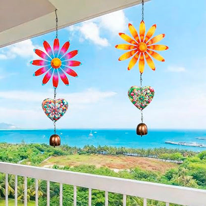 Metal Flowers Hanging Decor, Flower Wind Chime Bell Hanging Decor for Outdoor Garden Yard Doors Walls Living Rooms Bedrooms, 2 Pack (Flower-a-Heart) - style: flower-a-heart