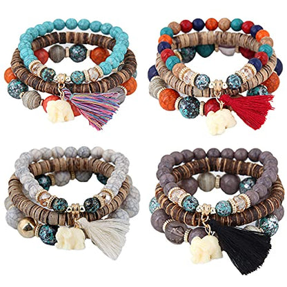 Bohemian Stackable Wood Wooden Beads Elephant Charm Tassel Stretchy Bracelet Set for Women Men Multilayered Multicolor Acrylic Resin Seeds Bracelet Ethnic Jewelry Gift - color: A elephant