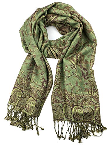 Plum Feathers Tapestry Ethnic Paisley Pattern Pashmina Shawl Scarf, Womens Pashmina Shawl Wrap with Fringes - color: Green Floral Paisley