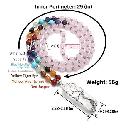Jovivi Natural 7 Chakras Healing Crystals Necklace Wire Wrapped Clear Quartz Stone Pendant Healing Pointed Reiki Energy Balancing - color: Rose Quartz Crystal