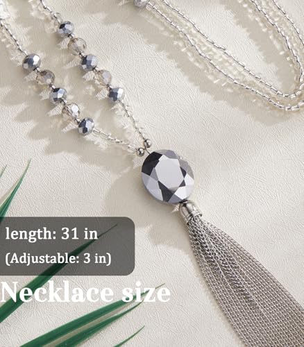 BULINLIN Boho Beaded Long Necklaces for Women Chunky Bead Pendant Necklace with Crystal Tassel Costume Jewelry Gifts for Her - color: Silver