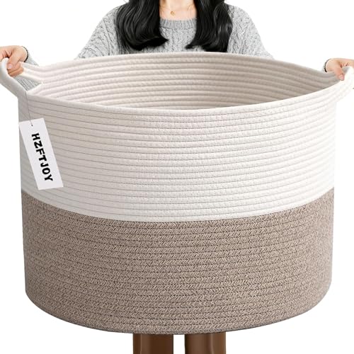 90L Extra Large Blanket Basket,Woven Rope Laundry Basket Hamper with Handles, Decorative Nursery Basket Storage Bin for Toys, Clothes Organizer, Living Room, Bedroom, Bathroom, White & Brown - color: White&Brown, size: 21.7"L x 21.7"W x 13.8"H（90L)