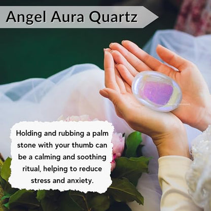Amazing Gemstone Angel Aura Quartz Crystals and Healing Stones - Large Palm Stone Crystals Piedra - Crystal for Good Luck, Positive Energy, Meditation - Unique Stocking Stuffers, Gifts for Women, Men - color: Angel Aura Quartz