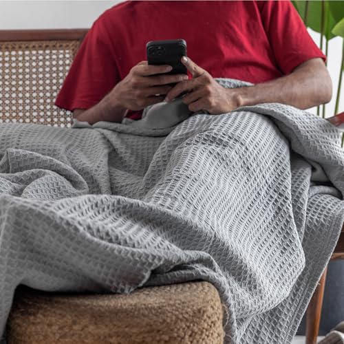 Salt Earth 100% Cotton Waffle Blanket, Queen Size 90"x92" – Lightweight All Season Throw Blanket for Couch, Bed & Bedroom, Soft Modern Cozy Cotton Blanket (Scottish Grey) - color: Scottish Grey, size: Queen